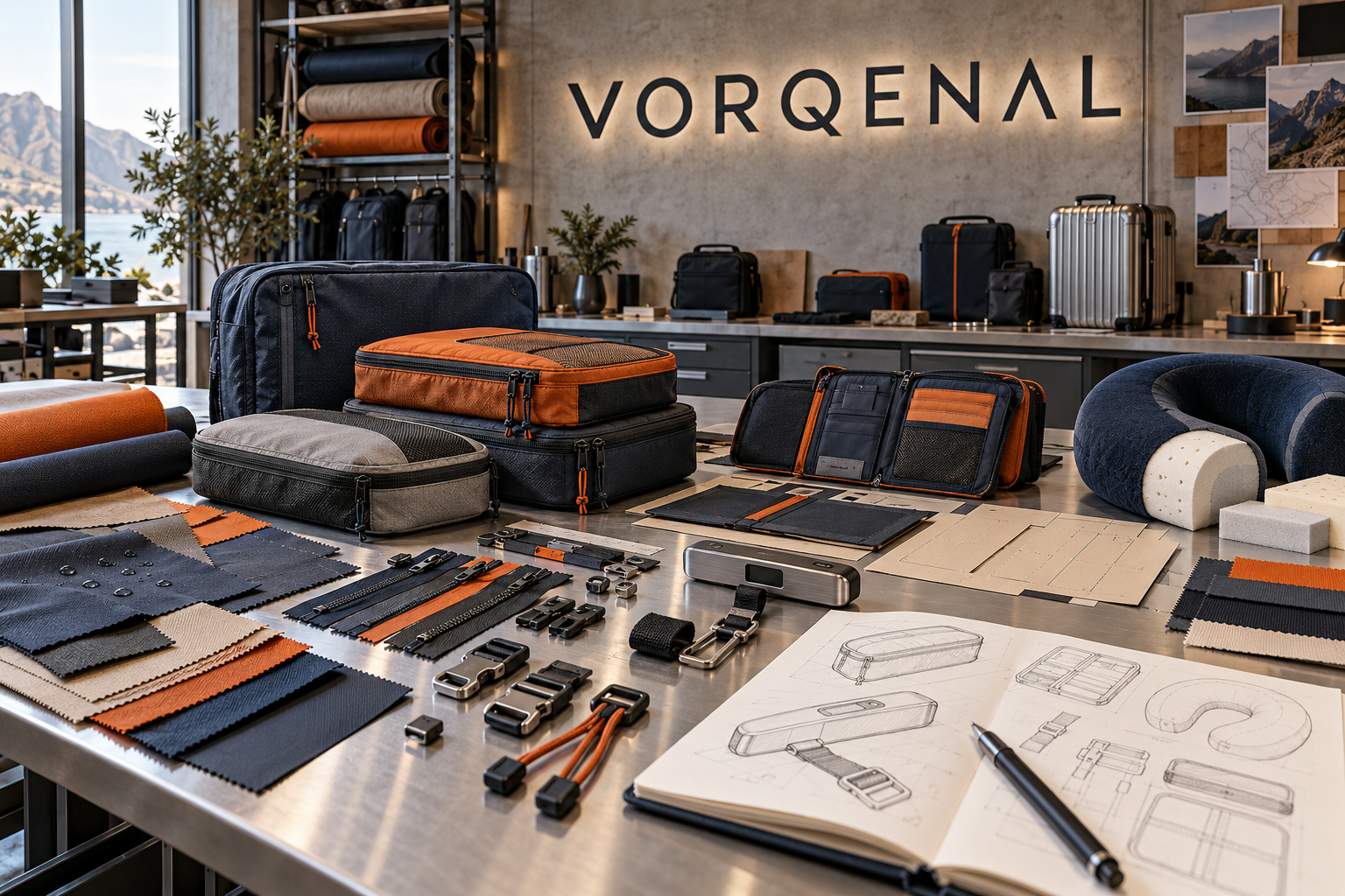 Vorqenal travel design studio with packing organizers, technical textiles, straps, hardware and product sketches